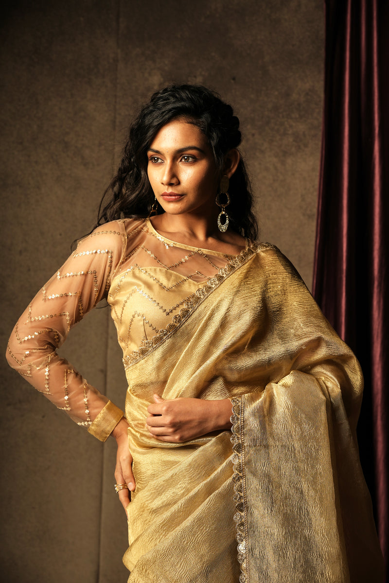 EXP - Sona - Crushed Tissue Silk Saree - Harvest Gold