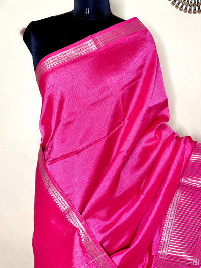 Handwoven Silk Cotton Saree - Bright Pink + Silver