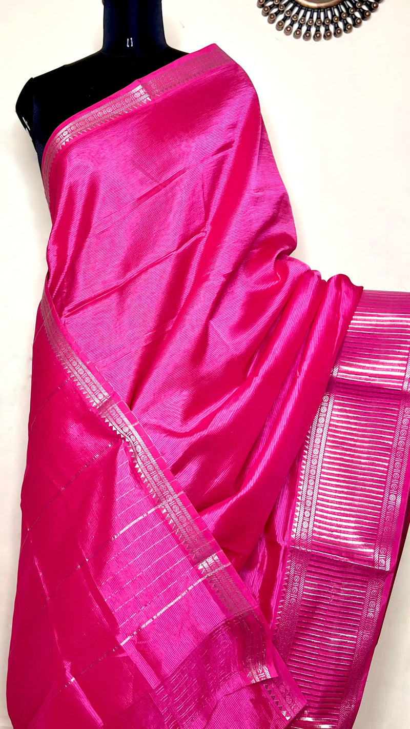Handwoven Silk Cotton Saree - Bright Pink + Silver