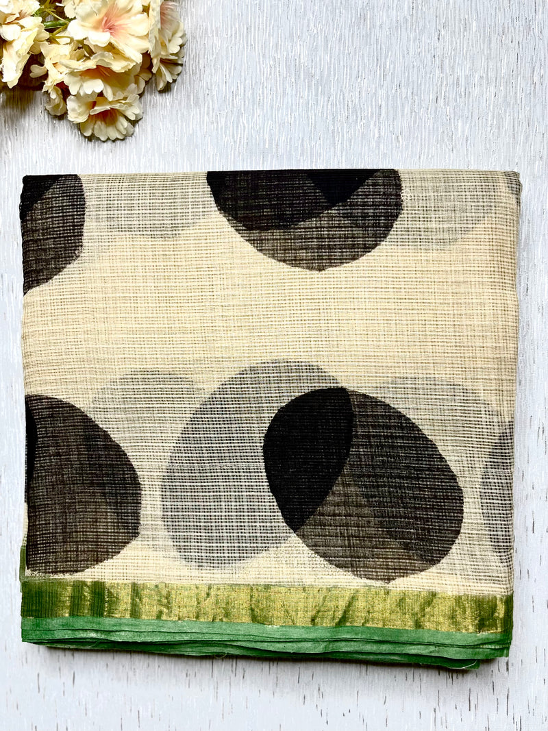 Handblock Printed Kota Doria Saree - Soft Peach + Persian Green