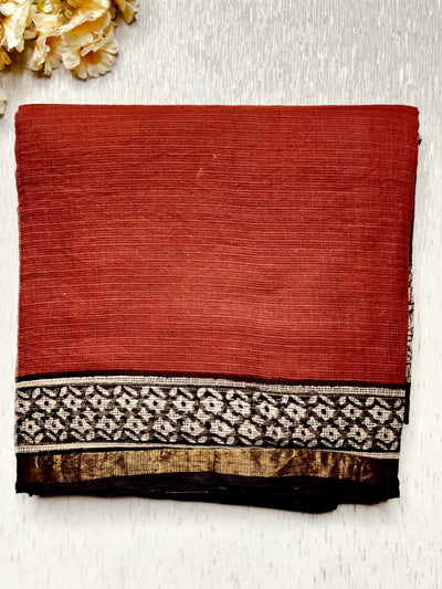 Handblock Printed Kota Doria Saree - Persian Red + Thunder Black