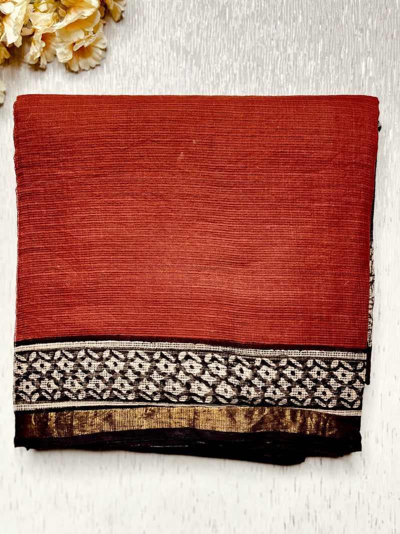 Handblock Printed Kota Doria Saree - Persian Red + Thunder Black