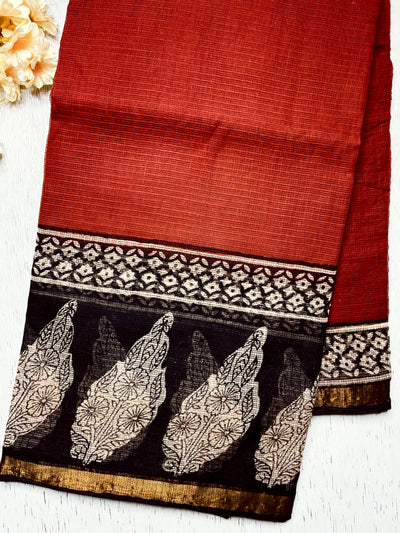 Handblock Printed Kota Doria Saree - Persian Red + Thunder Black