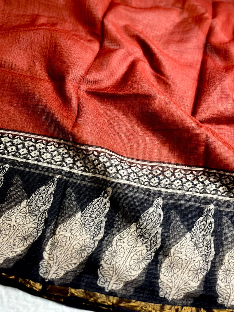Handblock Printed Kota Doria Saree - Persian Red + Thunder Black