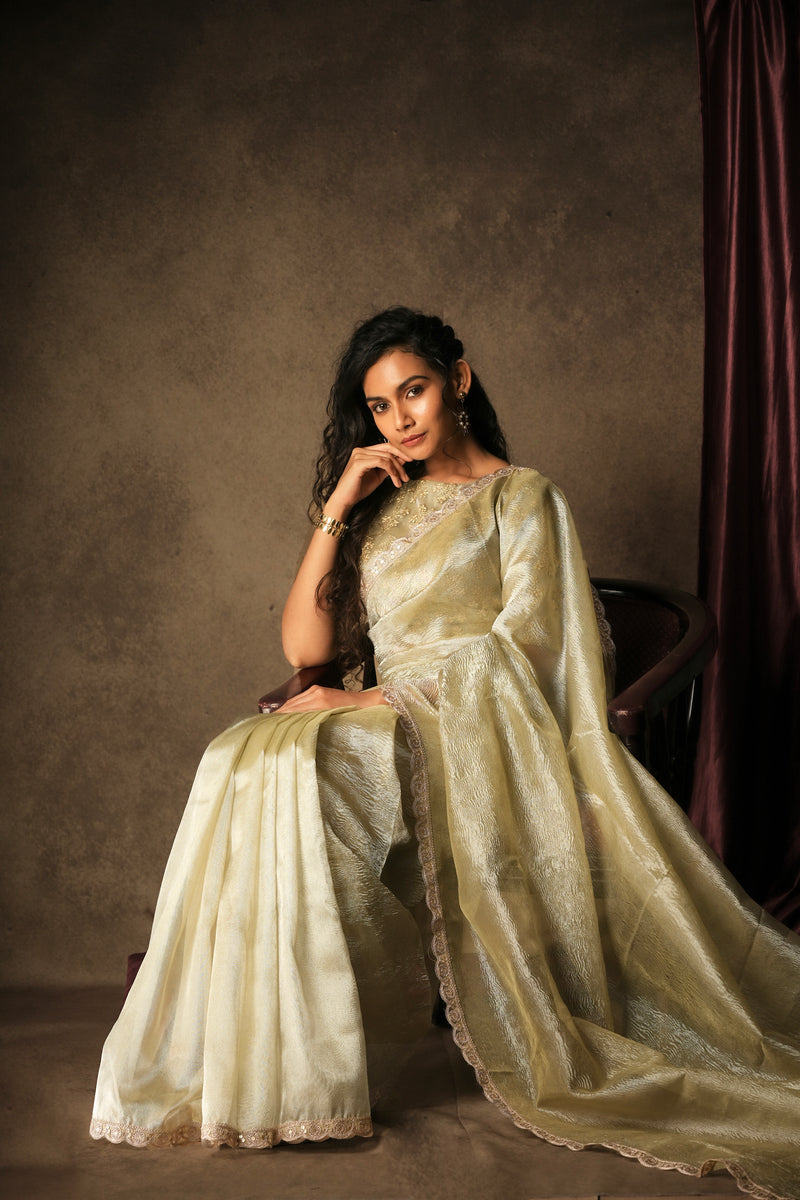 EXP - Sona - Crushed Tissue Silk Saree - Ice Silver Green