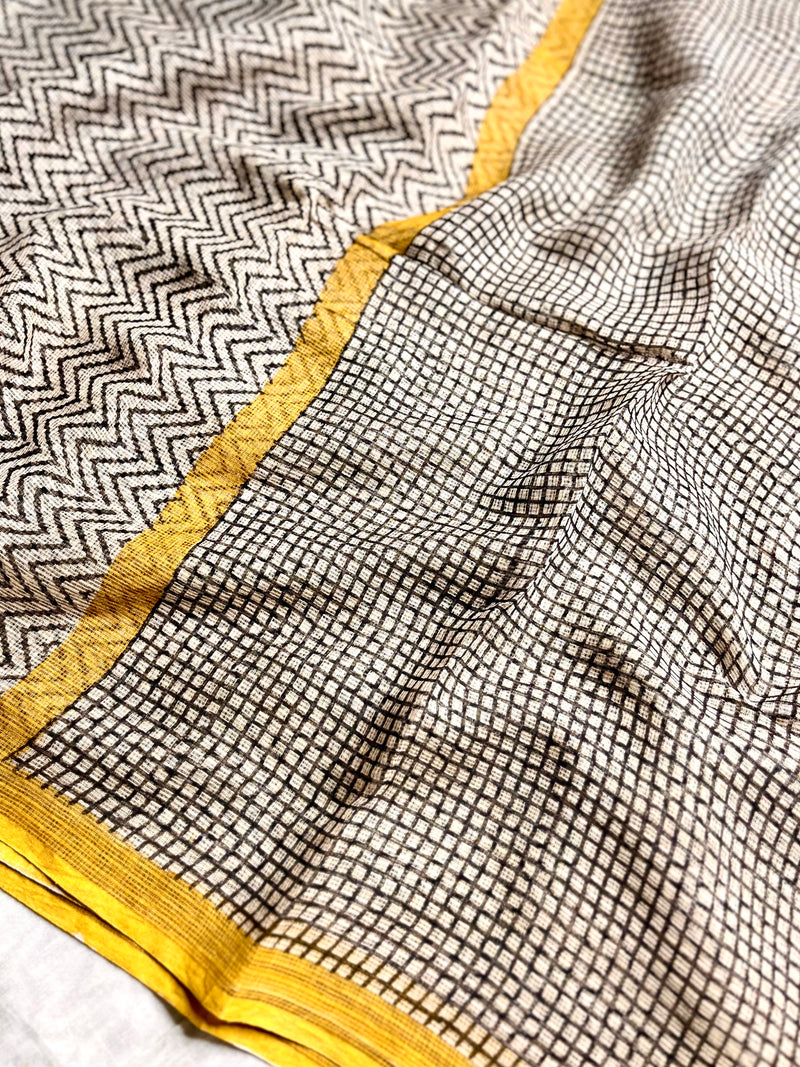 Handblock Printed Kota Doria Saree - Thunder Black + Persian Yellow