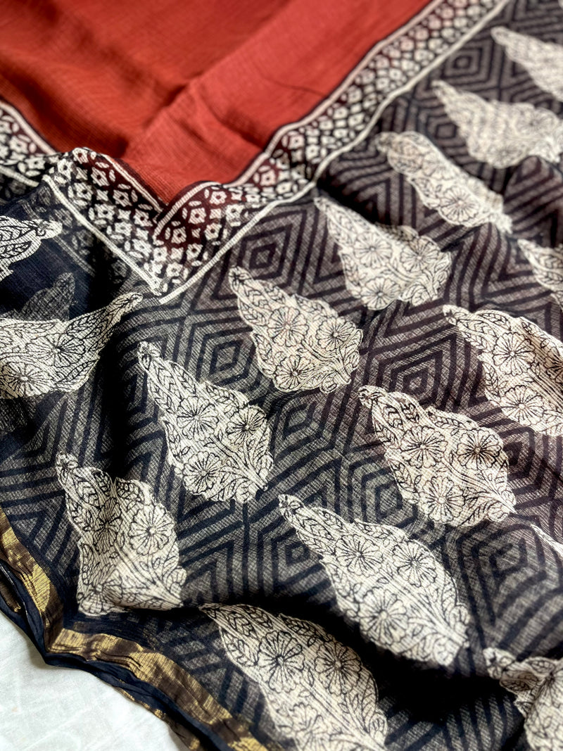Handblock Printed Kota Doria Saree - Persian Red + Thunder Black