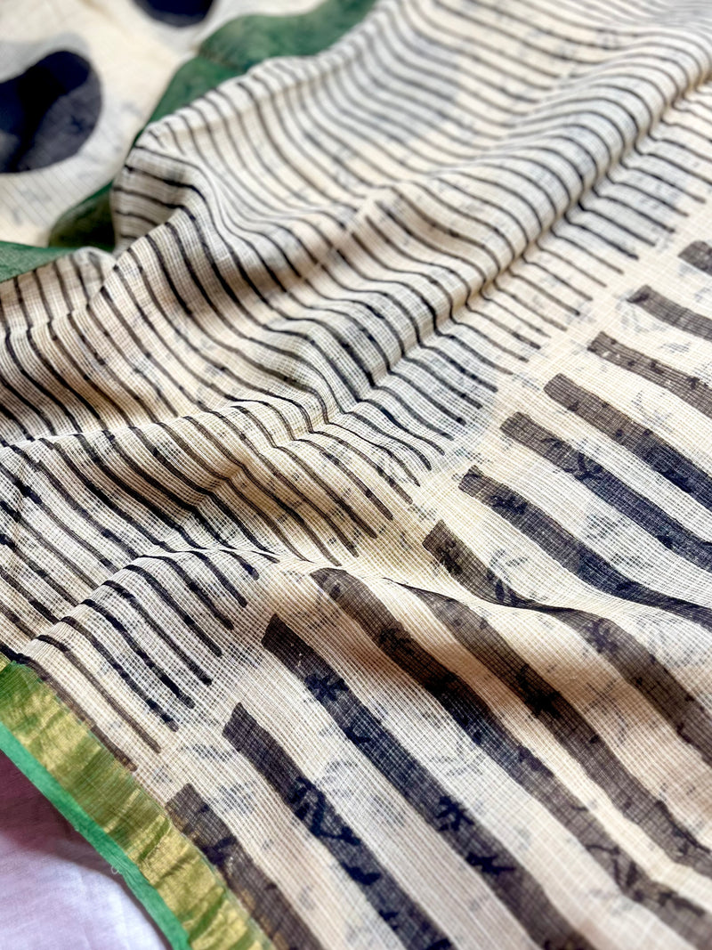 Handblock Printed Kota Doria Saree - Soft Peach + Persian Green