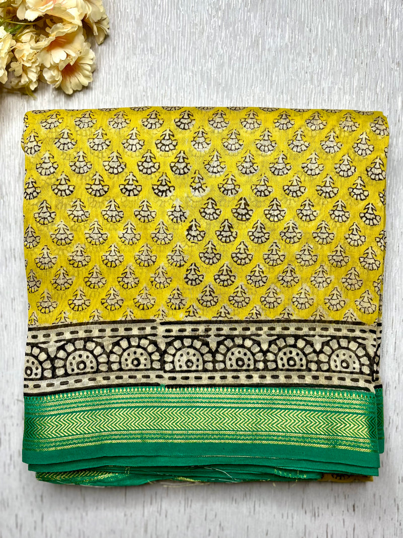 Handblock Printed Silk Cotton Saree - Bright Sun Yellow + Jungle Green