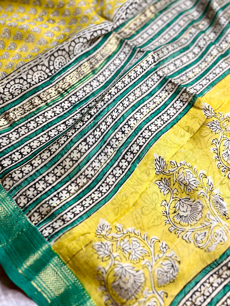 Handblock Printed Silk Cotton Saree - Bright Sun Yellow + Jungle Green