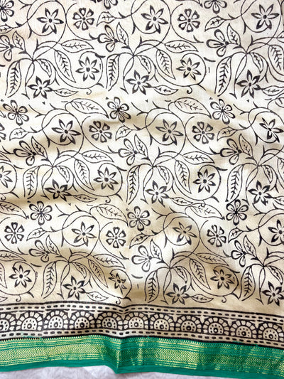 Handblock Printed Silk Cotton Saree - Bright Sun Yellow + Jungle Green