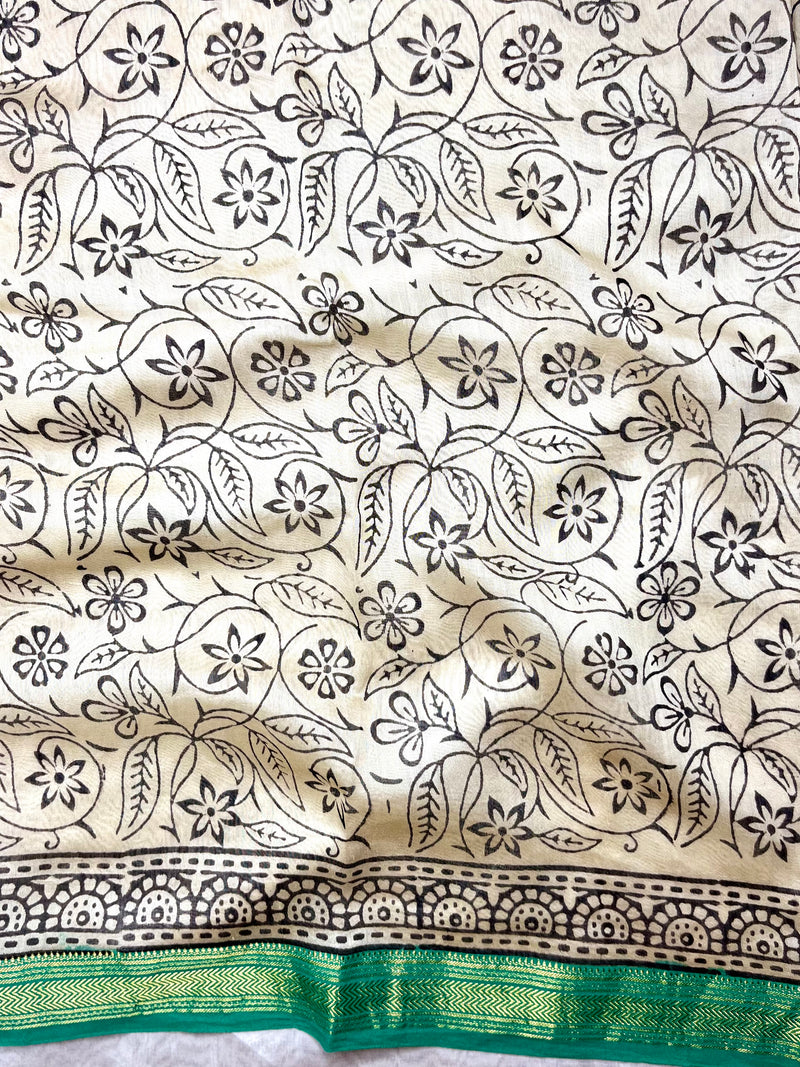 Handblock Printed Silk Cotton Saree - Bright Sun Yellow + Jungle Green