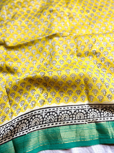 Handblock Printed Silk Cotton Saree - Bright Sun Yellow + Jungle Green