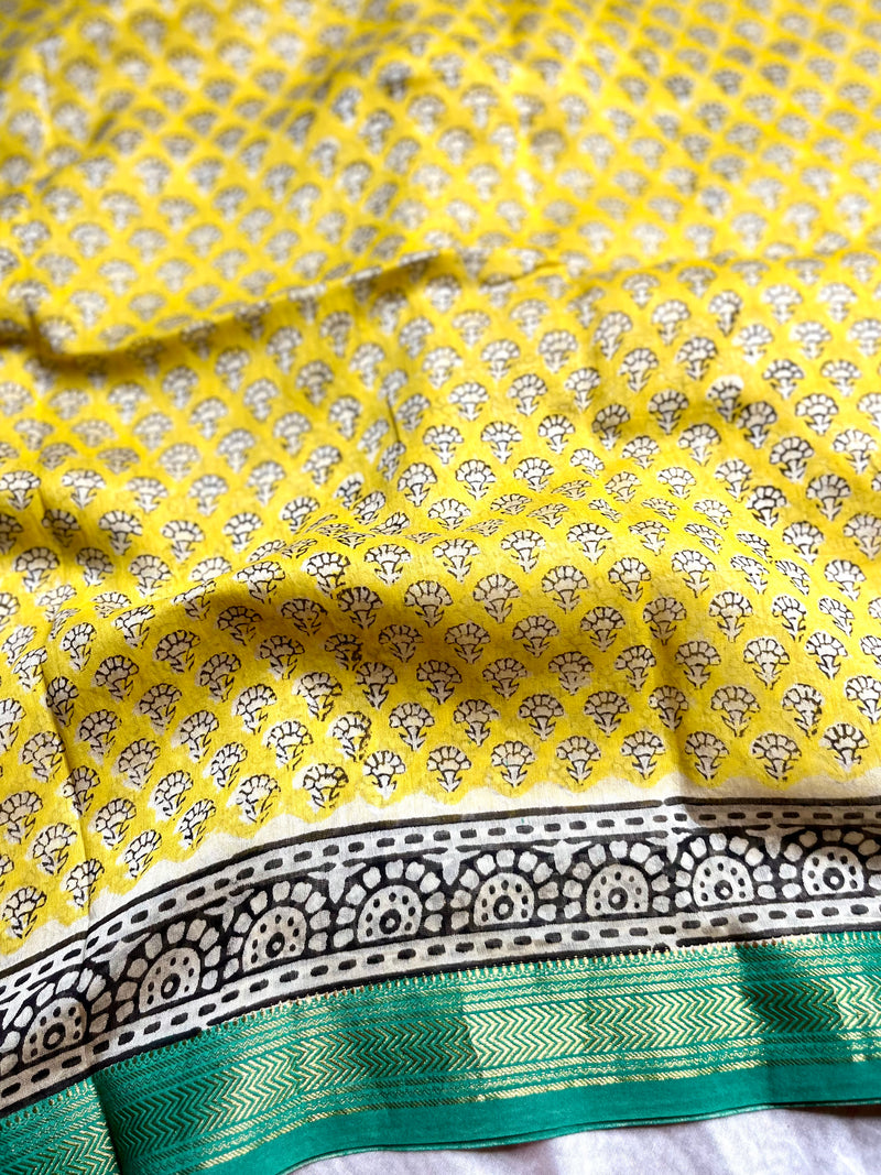 Handblock Printed Silk Cotton Saree - Bright Sun Yellow + Jungle Green