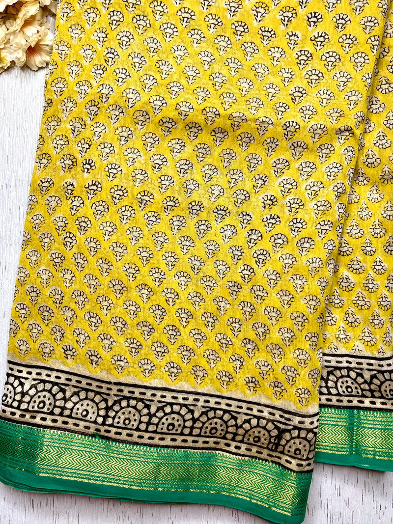 Handblock Printed Silk Cotton Saree - Bright Sun Yellow + Jungle Green