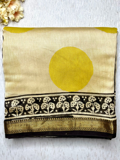Handblock Printed Silk Cotton Saree -  Vista Cream + Corn Yellow