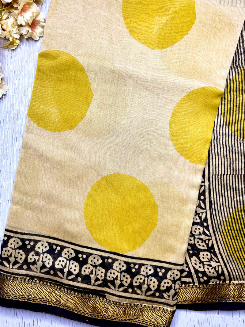 Handblock Printed Silk Cotton Saree -  Vista Cream + Corn Yellow