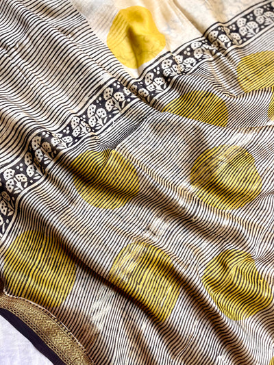 Handblock Printed Silk Cotton Saree -  Vista Cream + Corn Yellow