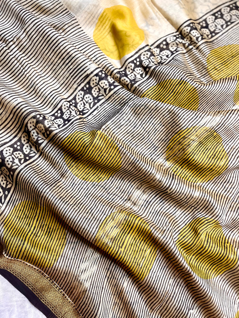 Handblock Printed Silk Cotton Saree -  Vista Cream + Corn Yellow
