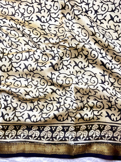 Handblock Printed Silk Cotton Saree -  Vista Cream + Corn Yellow