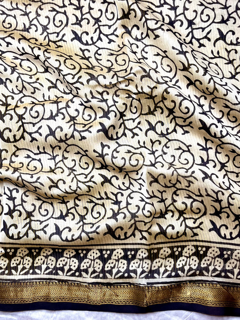 Handblock Printed Silk Cotton Saree -  Vista Cream + Corn Yellow