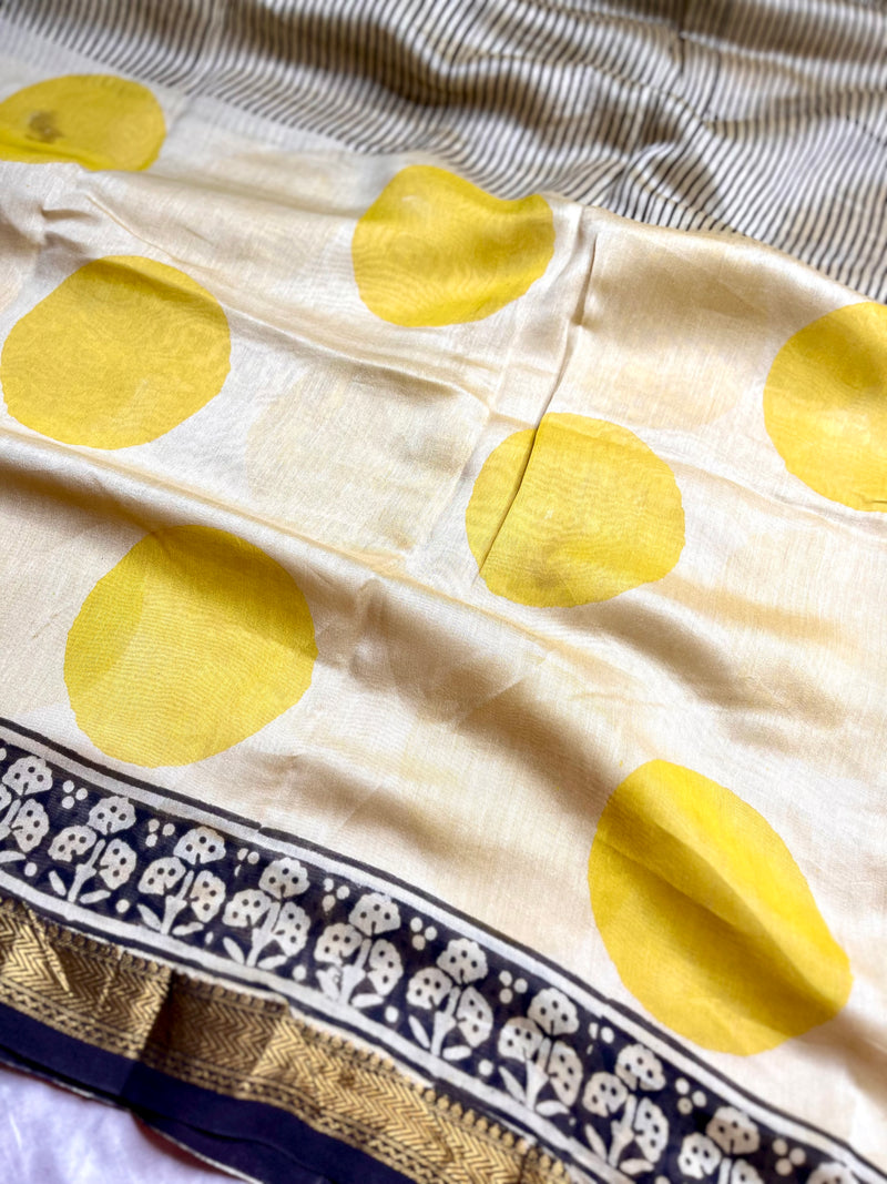 Handblock Printed Silk Cotton Saree -  Vista Cream + Corn Yellow