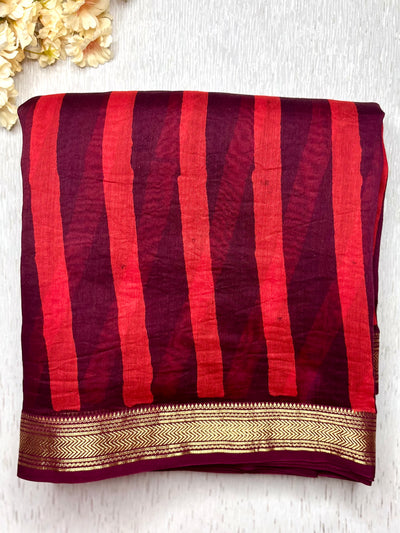 Handblock Printed Silk Cotton Saree - Crimson Red + Blackberry
