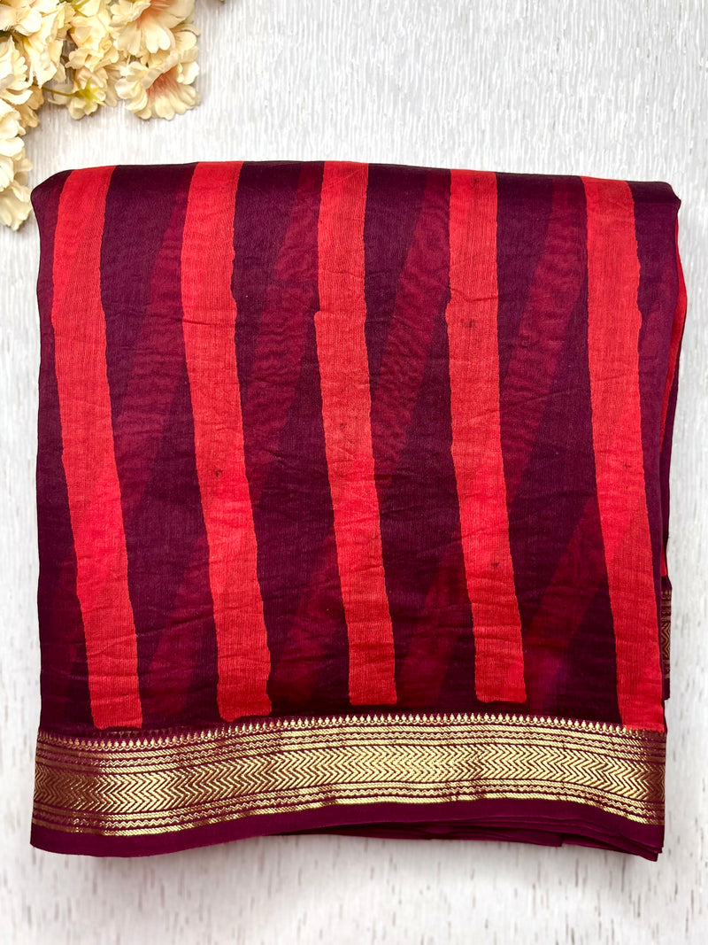Handblock Printed Silk Cotton Saree - Crimson Red + Blackberry