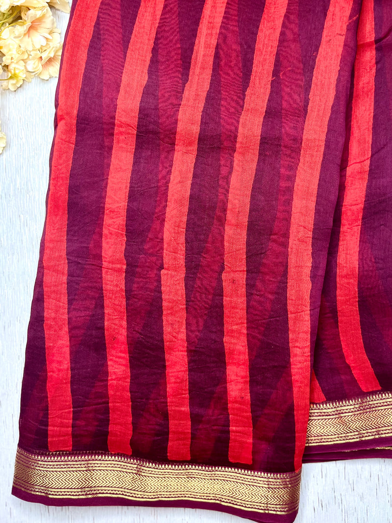 Handblock Printed Silk Cotton Saree - Crimson Red + Blackberry