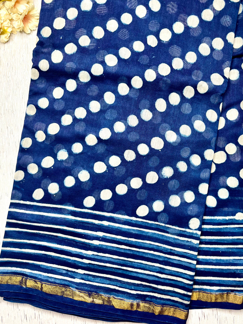 Handblock Printed Silk Cotton Saree -  Deep Sapphire Blue + Merino White