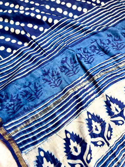 Handblock Printed Silk Cotton Saree -  Deep Sapphire Blue + Merino White