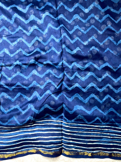 Handblock Printed Silk Cotton Saree -  Deep Sapphire Blue + Merino White