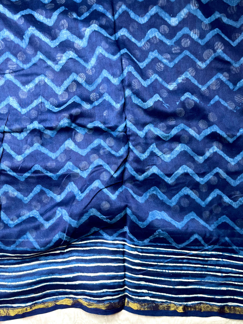 Handblock Printed Silk Cotton Saree -  Deep Sapphire Blue + Merino White