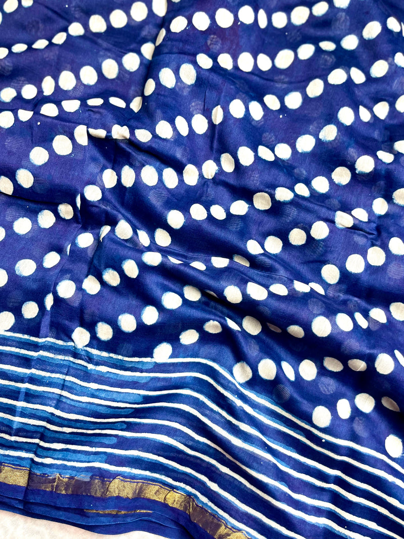 Handblock Printed Silk Cotton Saree -  Deep Sapphire Blue + Merino White
