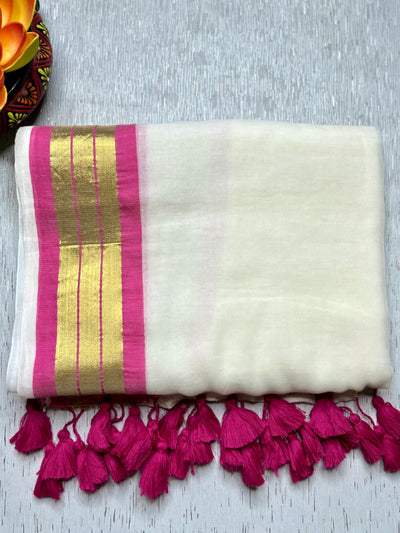 Handwoven Cotton Saree - Seashell white + Hibiscus Pink