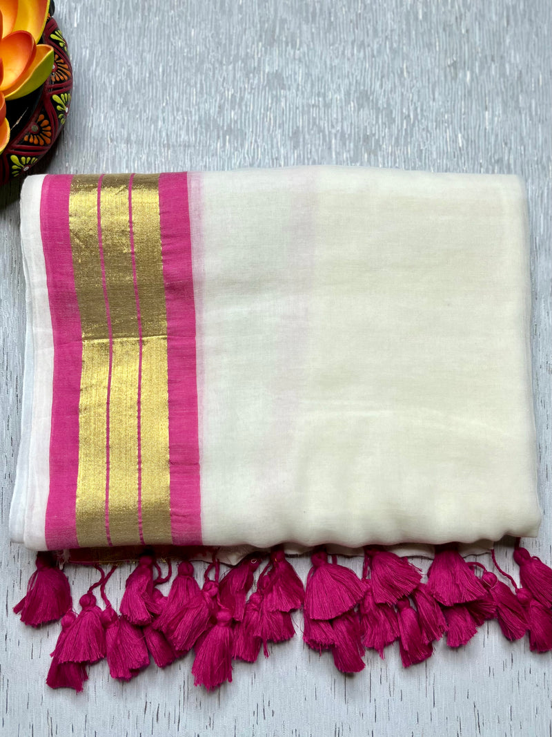 Handwoven Cotton Saree - Seashell white + Hibiscus Pink