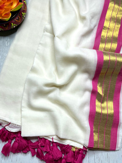 Handwoven Cotton Saree - Seashell white + Hibiscus Pink