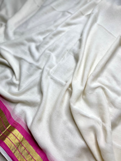 Handwoven Cotton Saree - Seashell white + Hibiscus Pink