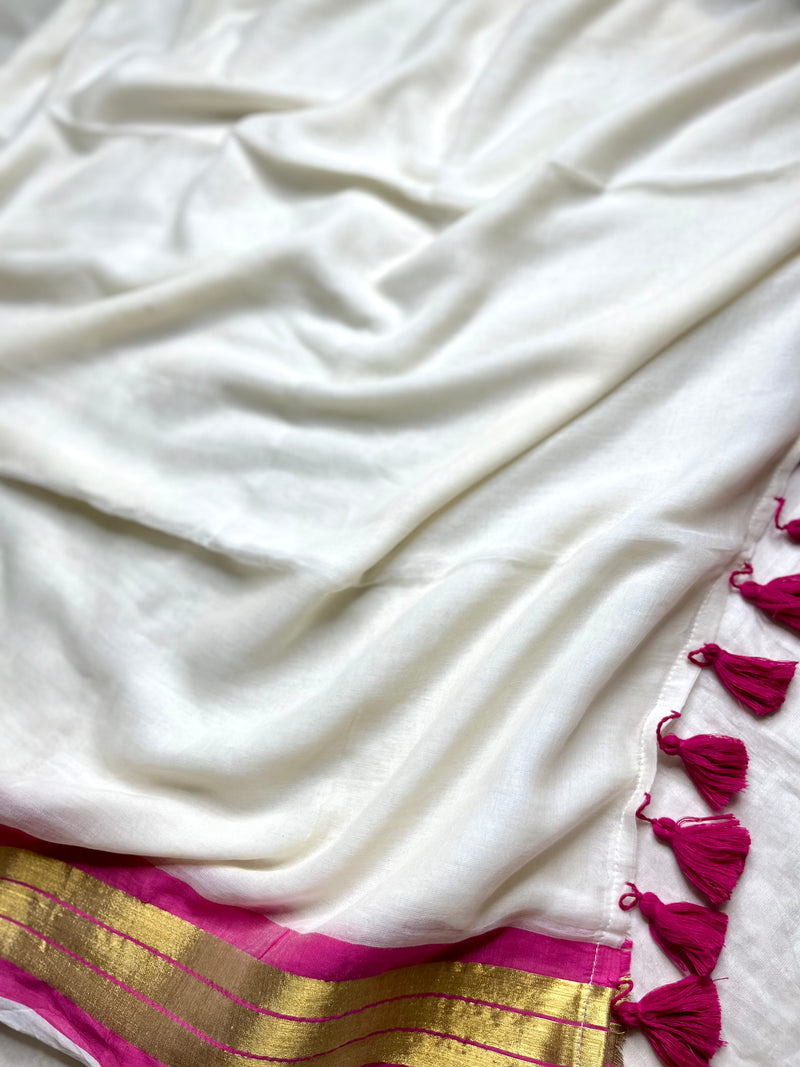 Handwoven Cotton Saree - Seashell white + Hibiscus Pink