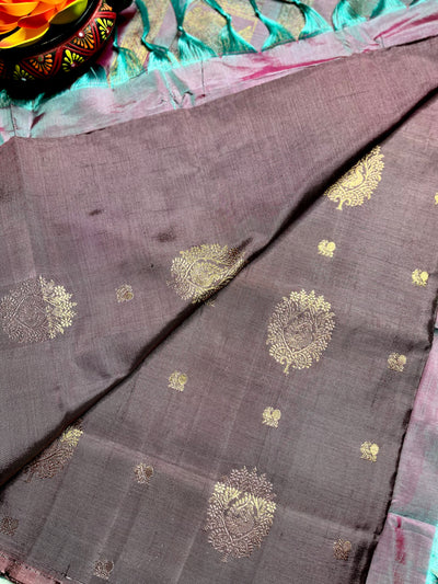 Handwoven Art Silk Saree - Congo Brown +  Rose Bud Cherry