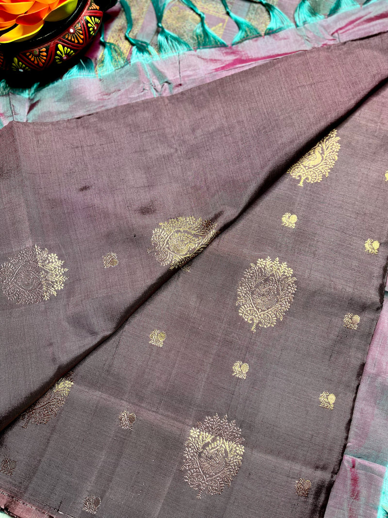 Handwoven Art Silk Saree - Congo Brown +  Rose Bud Cherry
