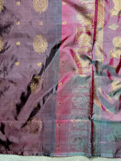 Handwoven Art Silk Saree - Congo Brown +  Rose Bud Cherry