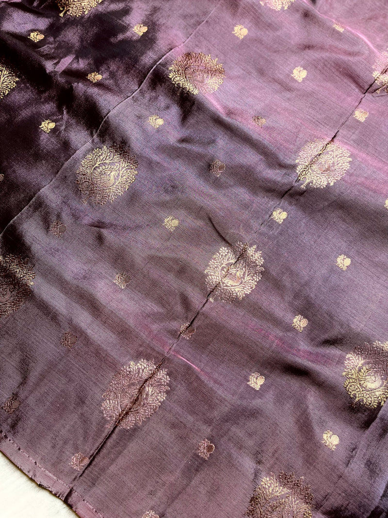Handwoven Art Silk Saree - Congo Brown +  Rose Bud Cherry