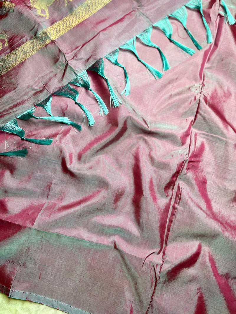 Handwoven Art Silk Saree - Congo Brown +  Rose Bud Cherry