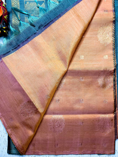 Handwoven Art Silk Saree - Vivid Apricot +  Eastern Blue