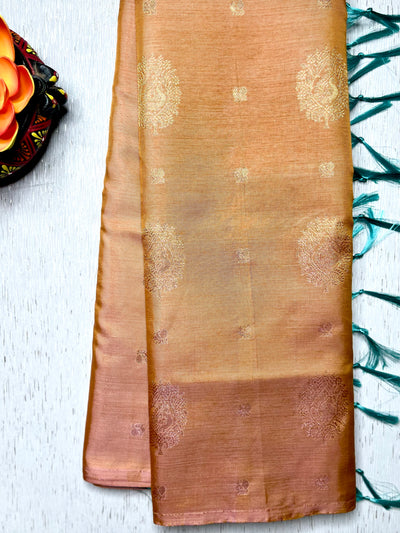 Handwoven Art Silk Saree - Vivid Apricot +  Eastern Blue