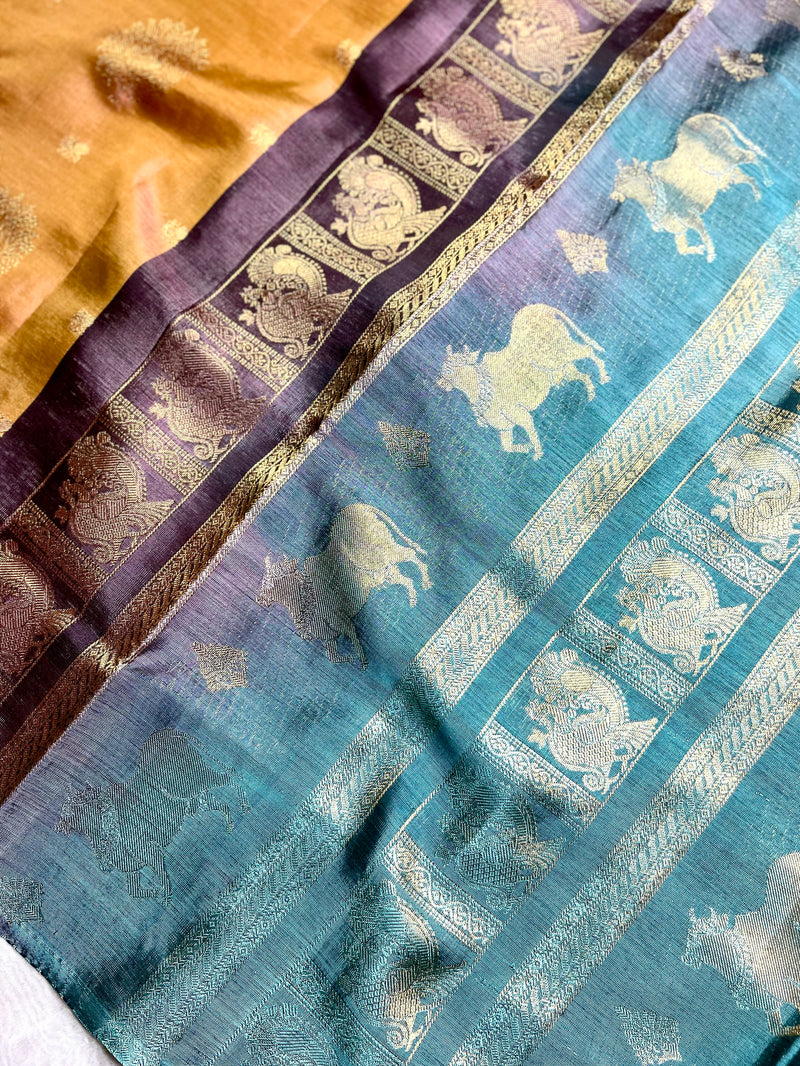 Handwoven Art Silk Saree - Vivid Apricot +  Eastern Blue