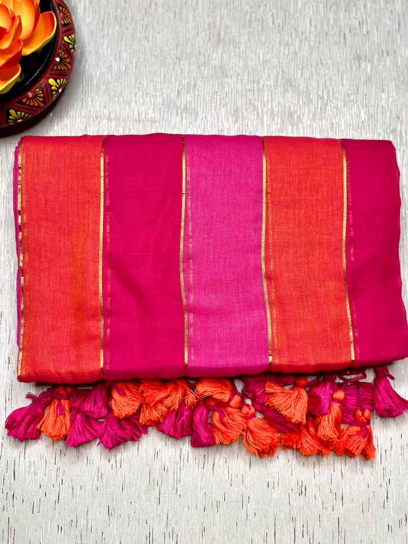 Handwoven Cotton Saree - Mexican Pink + Persian Orange