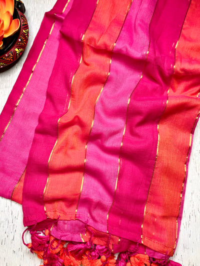 Handwoven Cotton Saree - Mexican Pink + Persian Orange