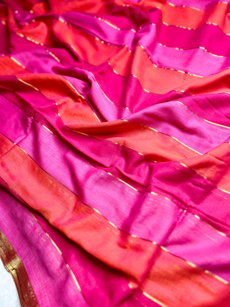 Handwoven Cotton Saree - Mexican Pink + Persian Orange